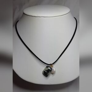 Dark Green Jasper and Genuine Coin Pearl Wire Wrap Necklace